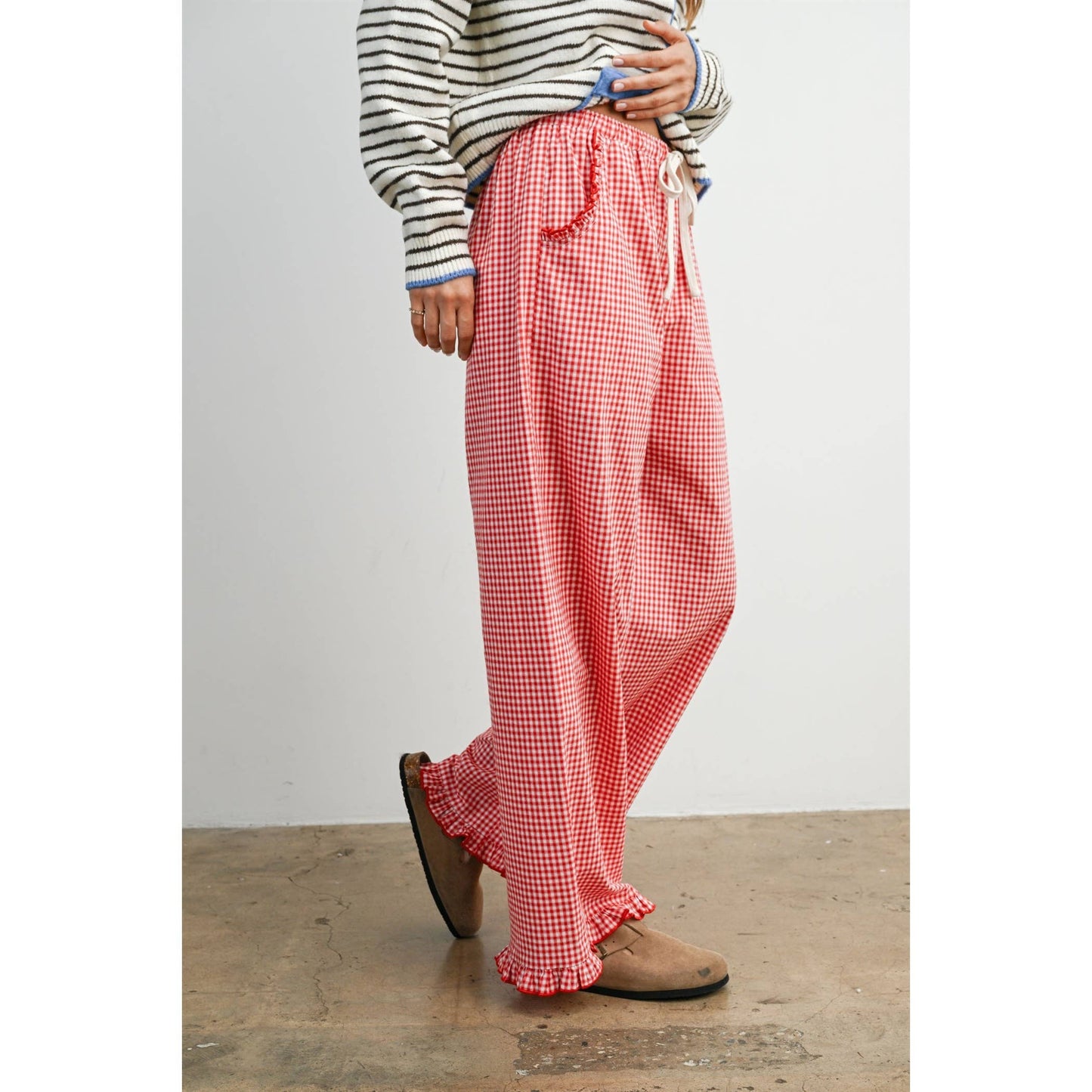 Women's Striped Ruffle Hem Cropped Pants- BMP8476