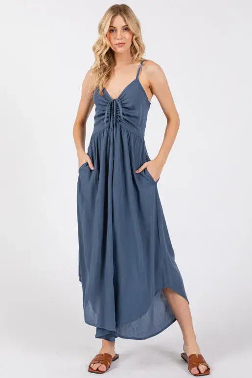 Woven Solid Front Ruched Midi Jumpsuit - VNJU60322