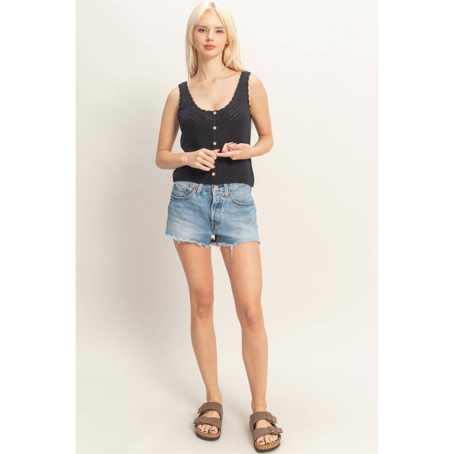 Open Knit Scallop Edge Button Front Tank