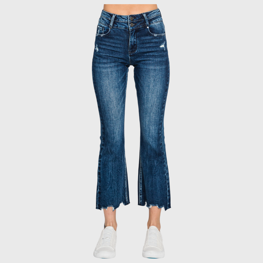 HIGH RISE CROP BOOTCUT JEANS W/ FRAYED HEM