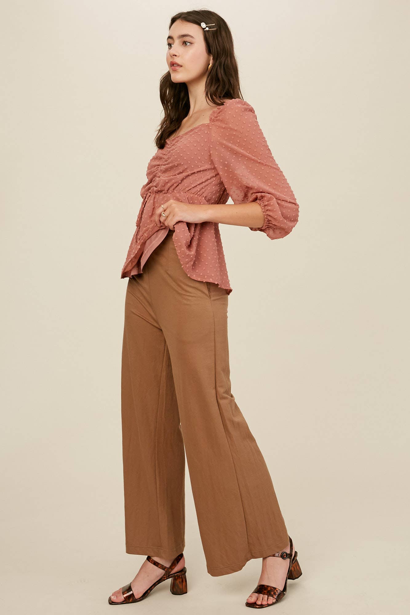Swiss Dot Ruched Peplum Blouse