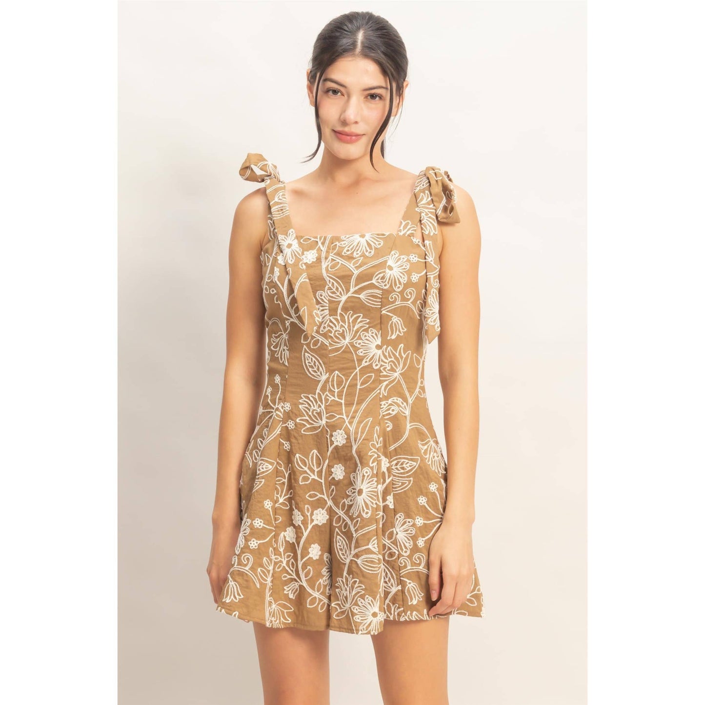 Floral Embroidery Tie-Strap Romper