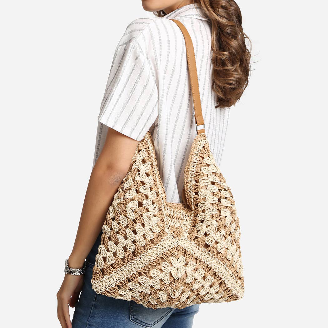 Two-Toned Pattern Design Straw Shoulder Bag