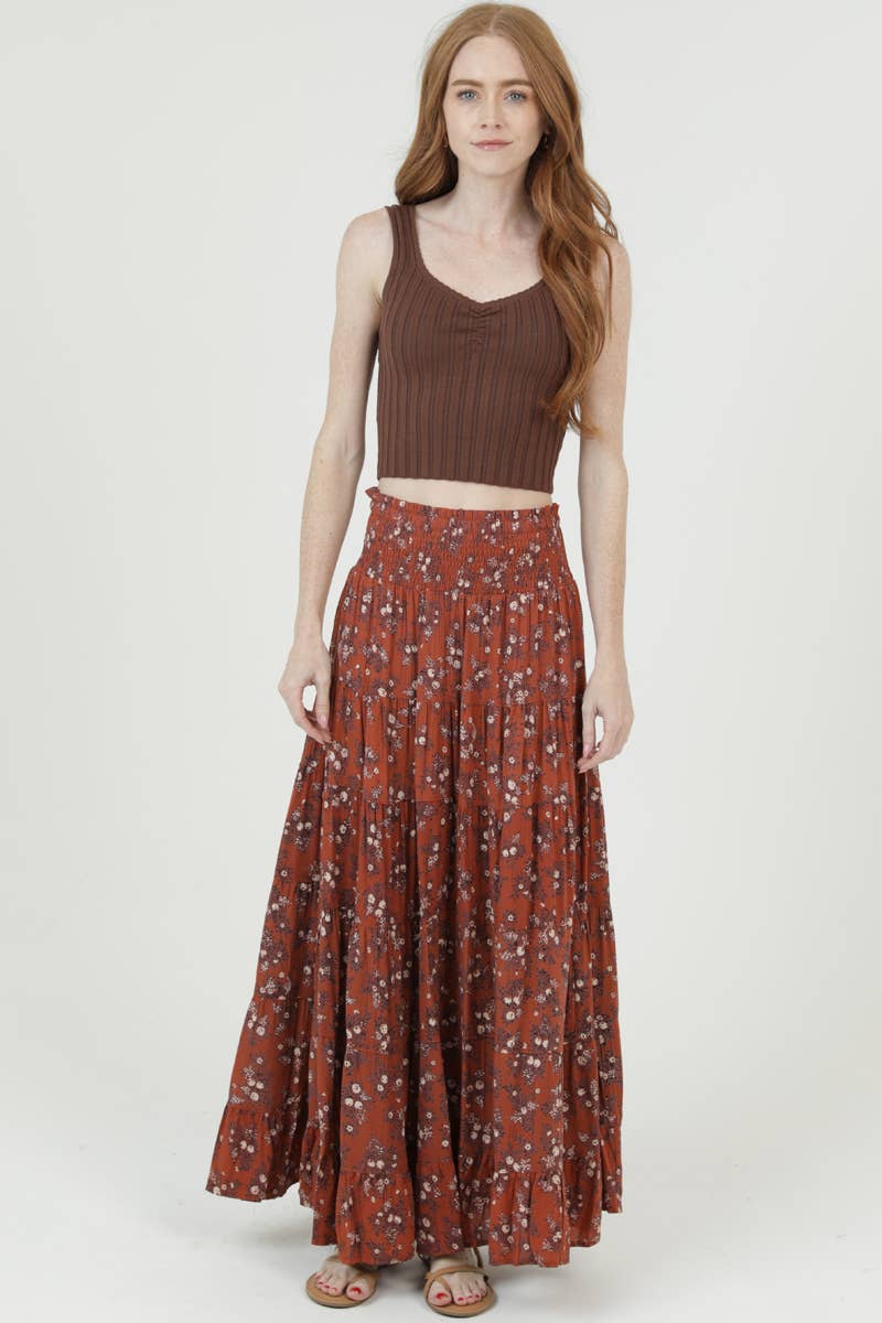 SMOCKED WAIST TIERED MAXI SKIRT