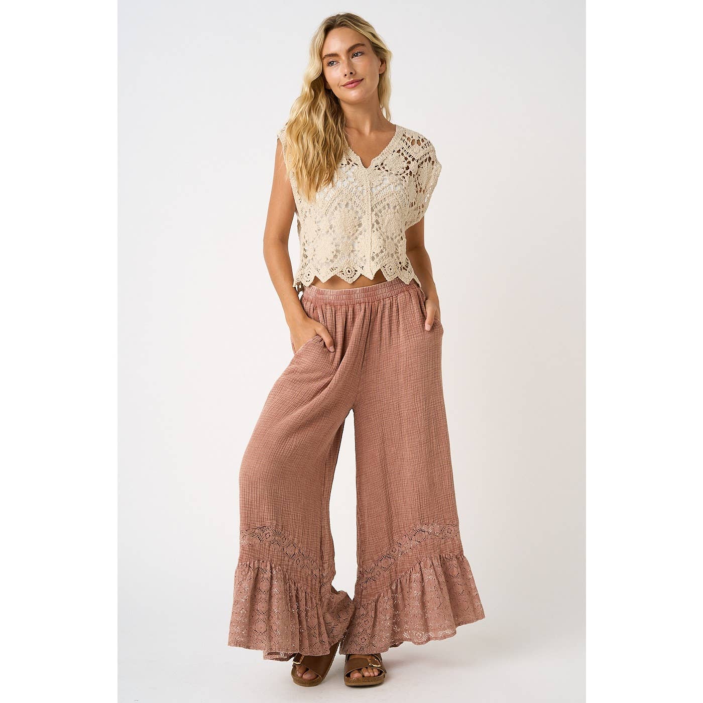 LACE HEM ELASTIC WAIST WIDE LEG