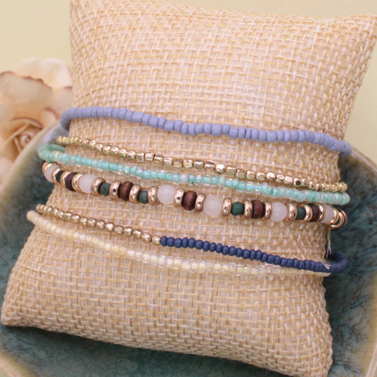 Cream Blue Green Stretch Bracelets Set