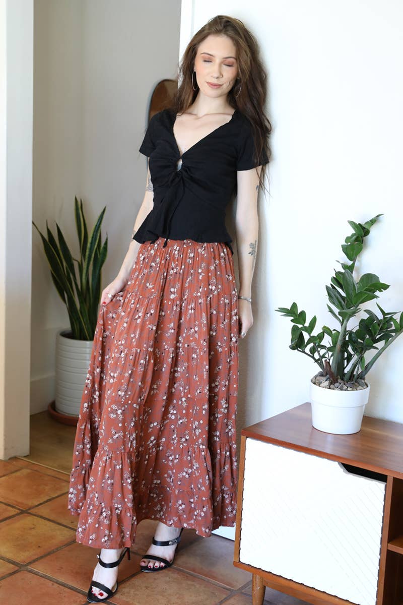 SMOCKED WAIST TIERED MAXI SKIRT