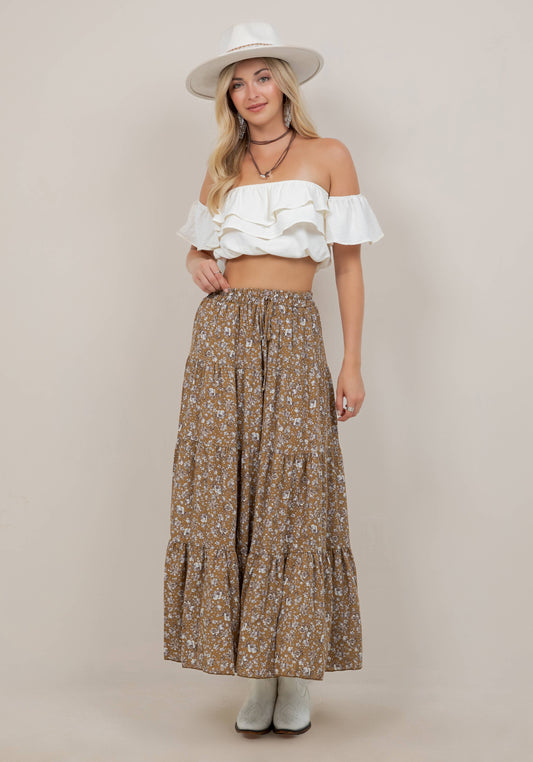 GOLD PAISLEY TIERED MAXI SKIRT