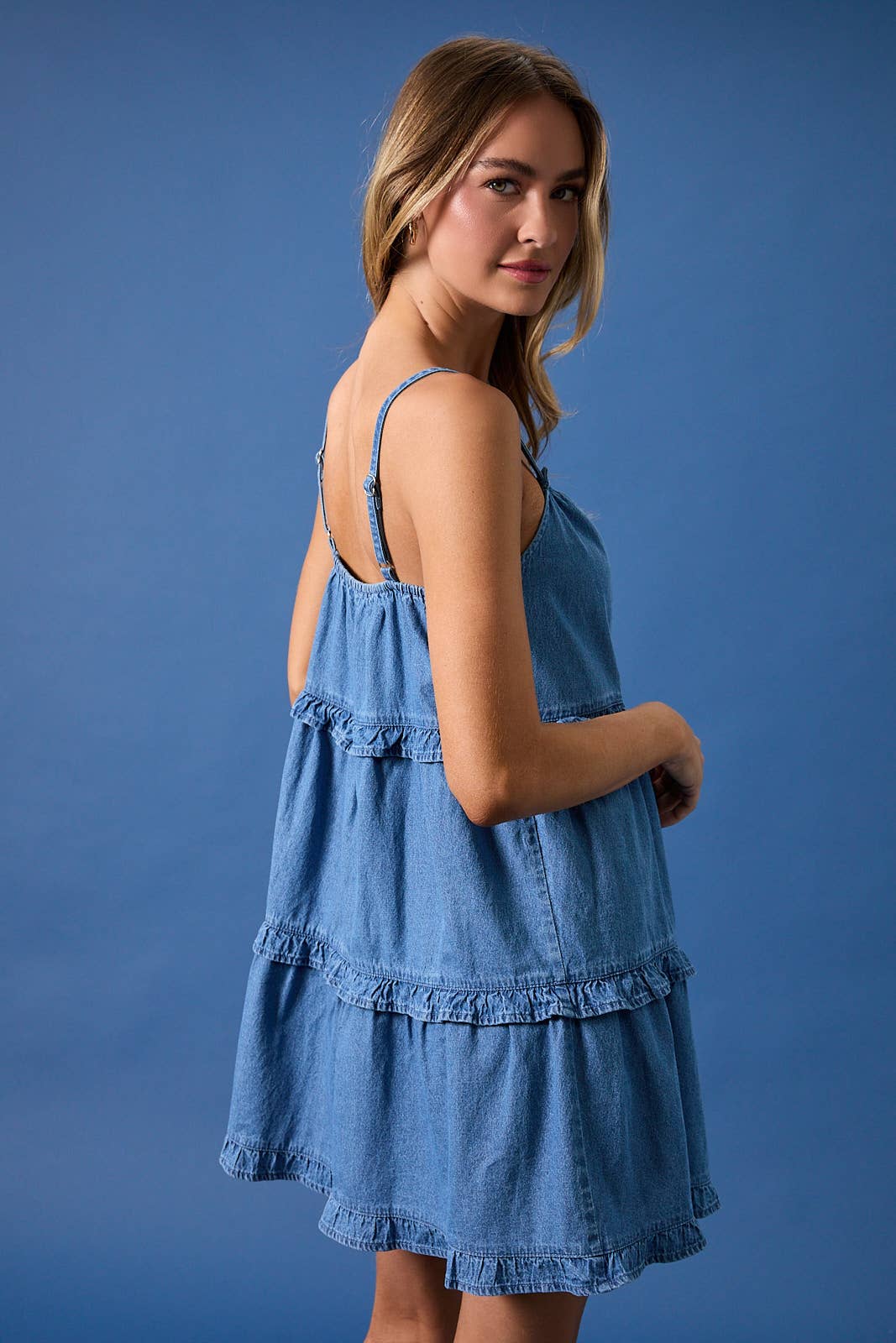 RUFFLE DETAIL DENIM MINI DRESS