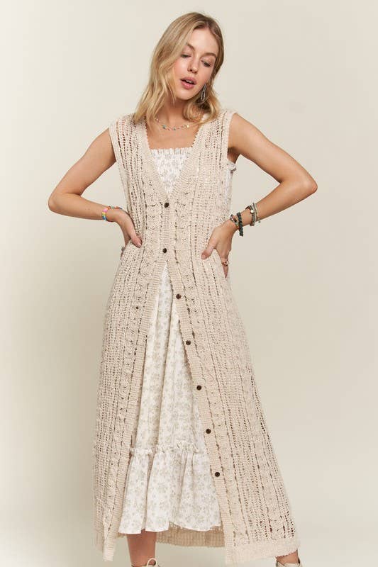 BUTTON DOWN CROCHET LONG CARDIGAN - CEJ3614