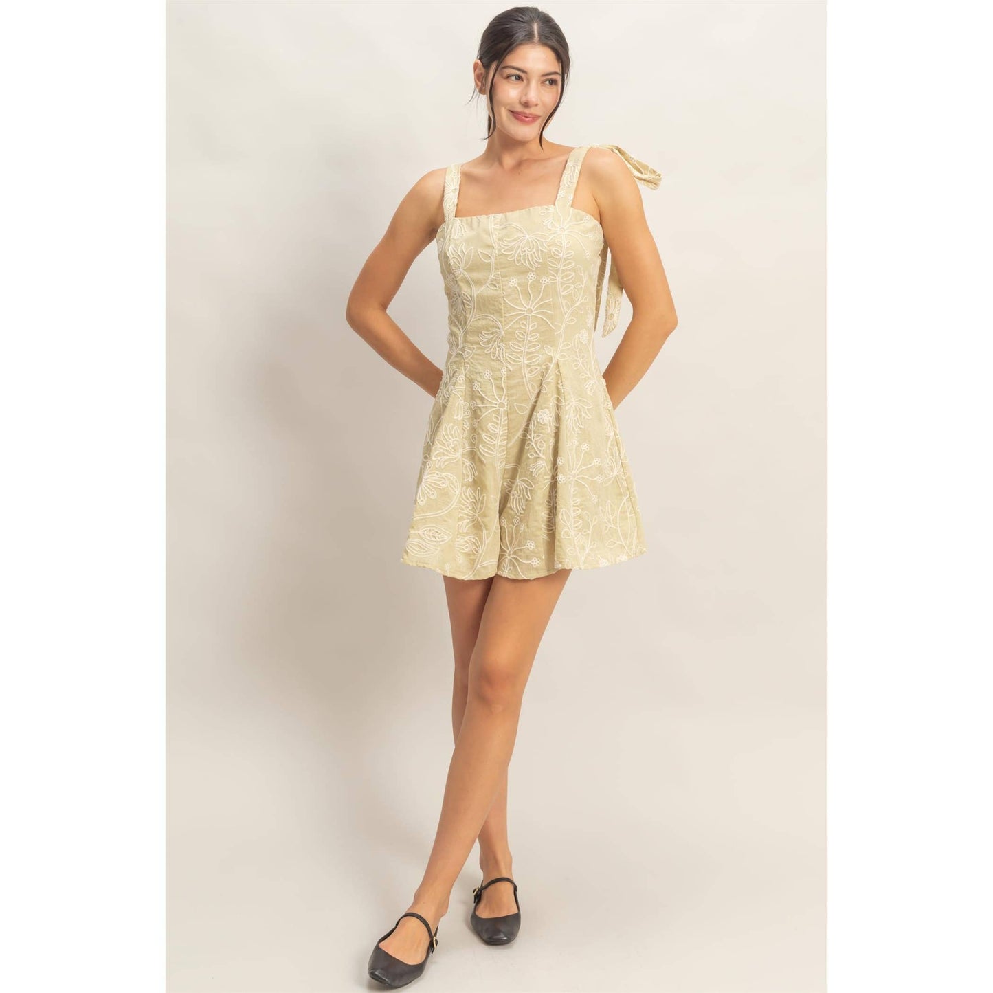 Floral Embroidery Tie-Strap Romper