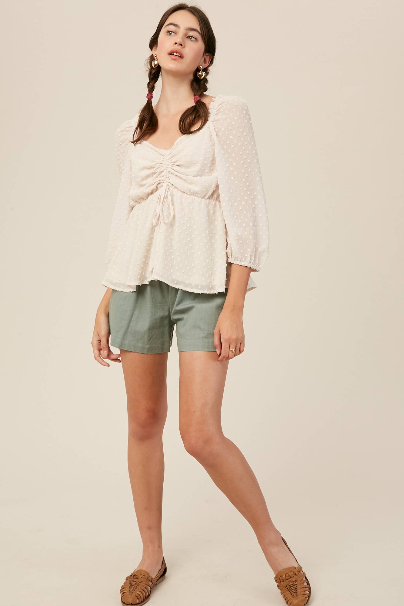 Swiss Dot Ruched Peplum Blouse