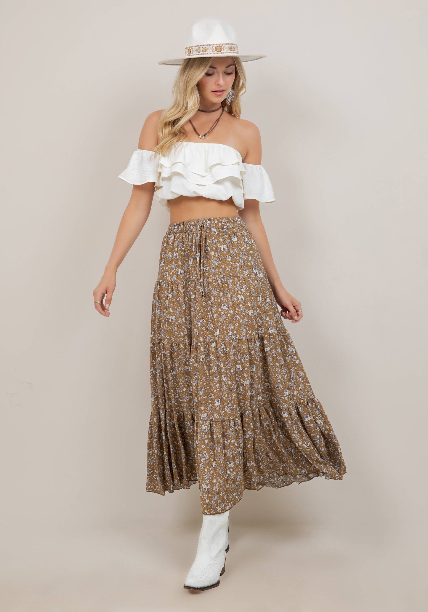 GOLD PAISLEY TIERED MAXI SKIRT