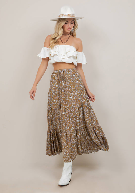 GOLD PAISLEY TIERED MAXI SKIRT