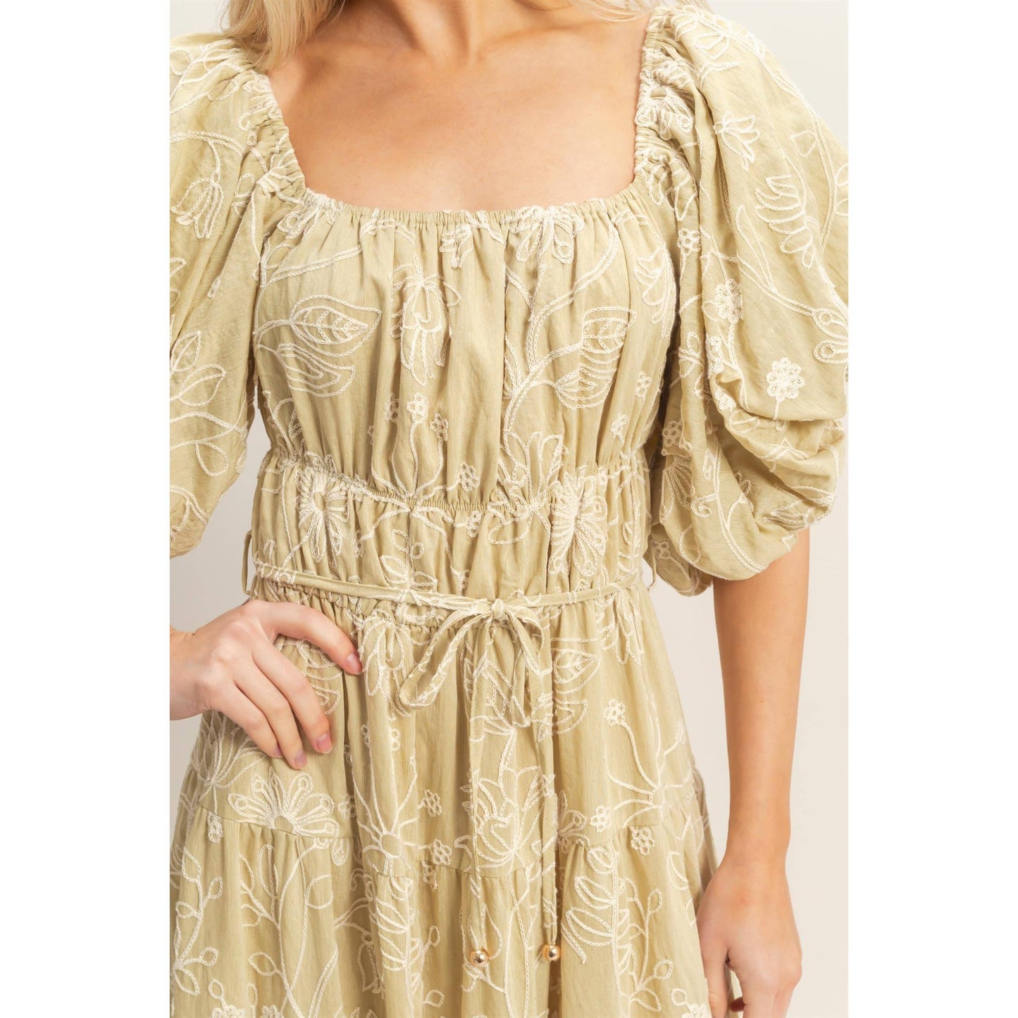 Floral Puff Sleeve Midi Dress: LIGHT BROWN / S-M-L(2-2-2)
