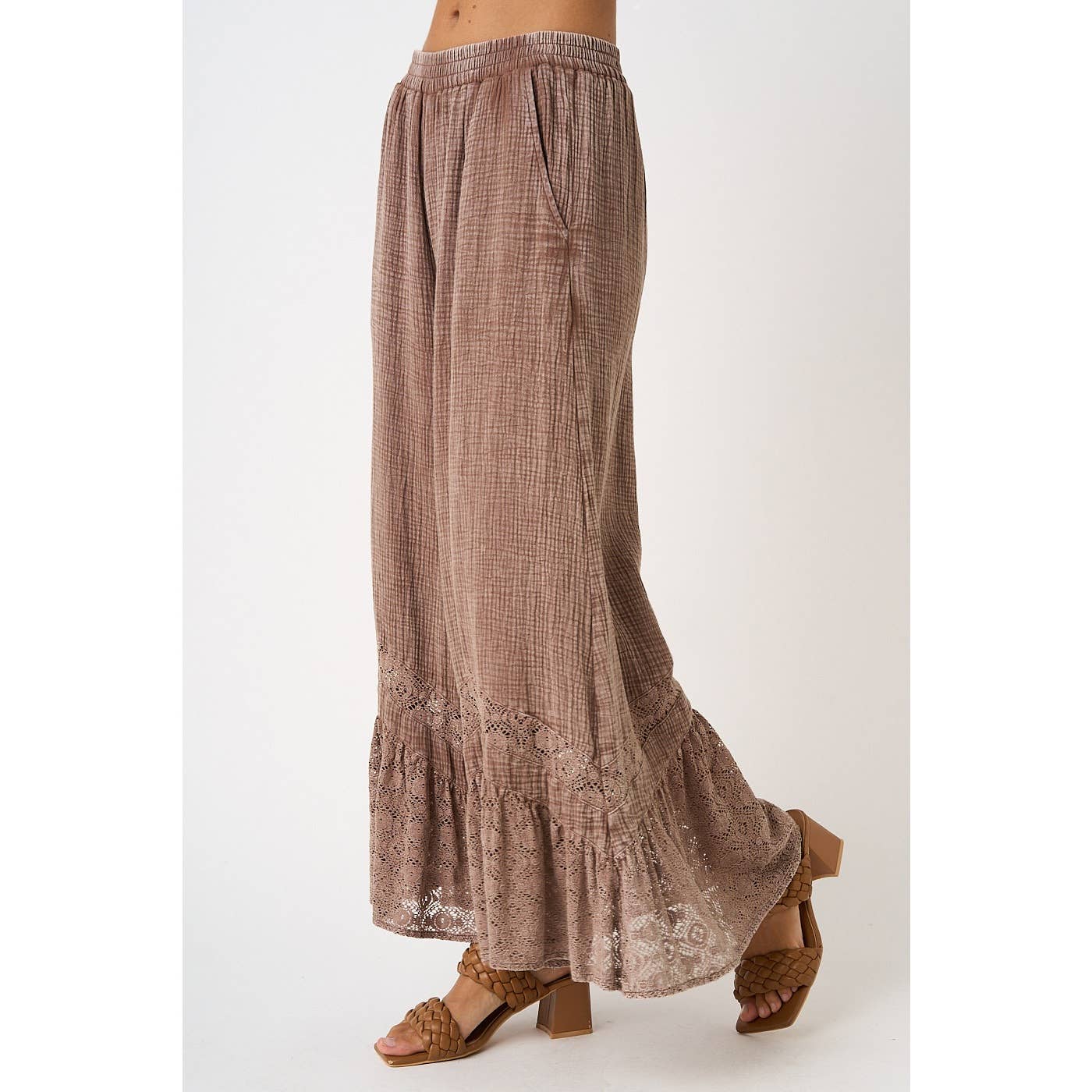 LACE RUFFLE HEM ELASTIC WAIST WIDE LEG PANTS
