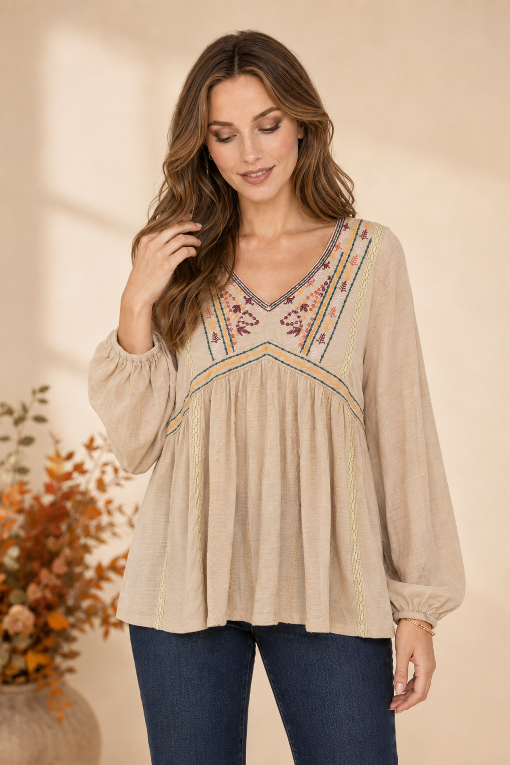 Floral Embroidered Balloon Sleeve