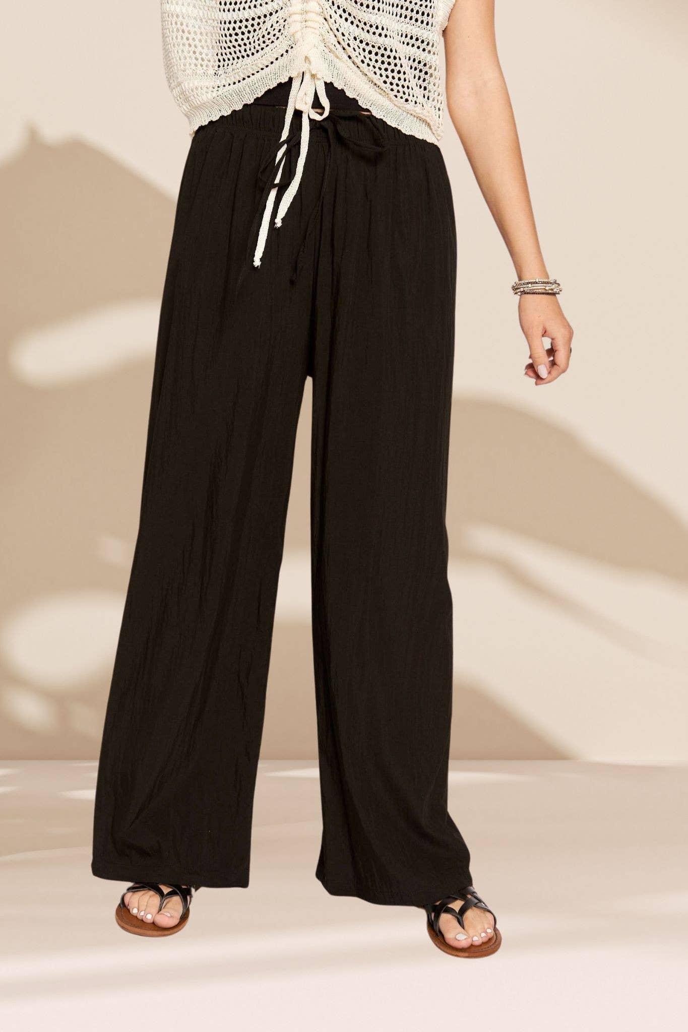 CEP3334 - WAIST TIE CRINKLE FLOWY PANTS