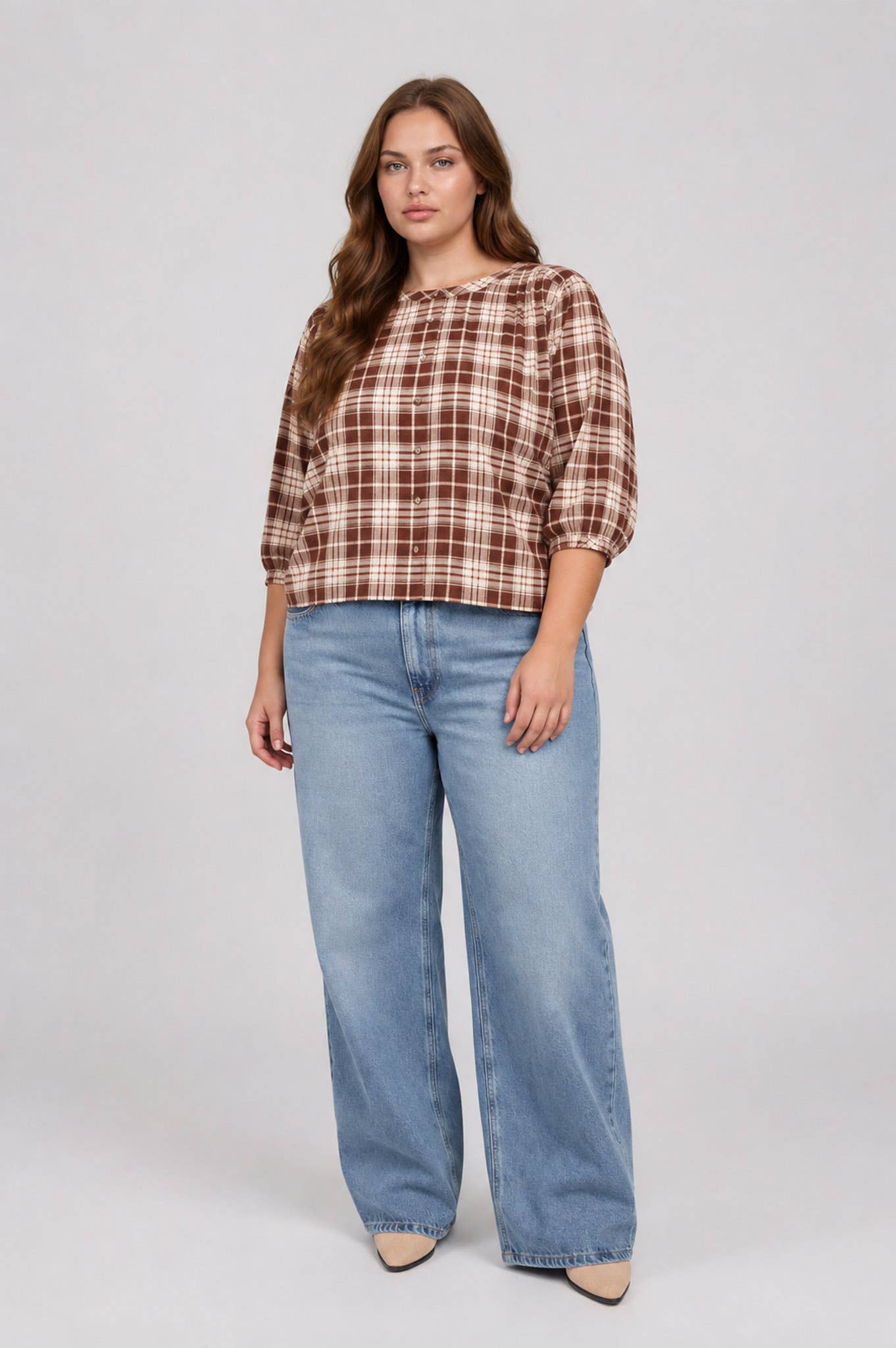 PLUS PLAID 3/4 SLEEVE TOP