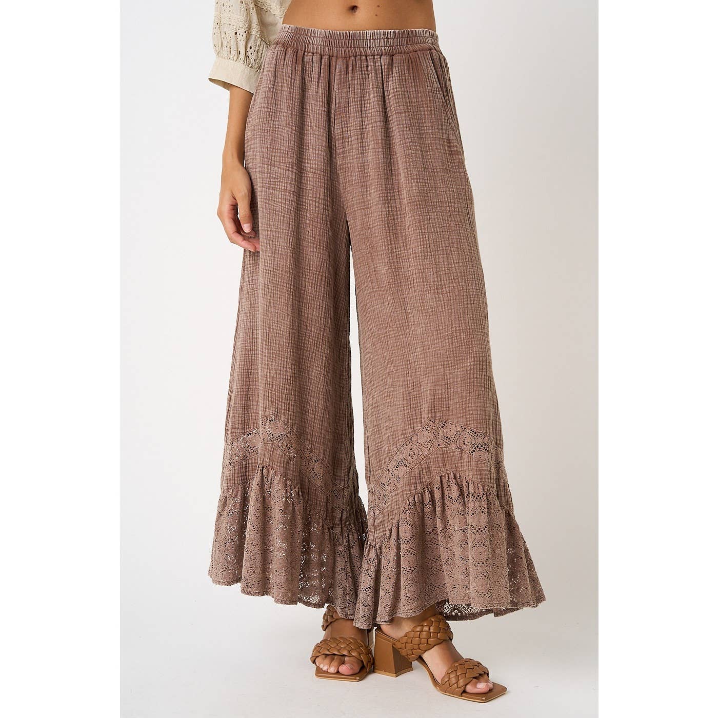 LACE RUFFLE HEM ELASTIC WAIST WIDE LEG PANTS