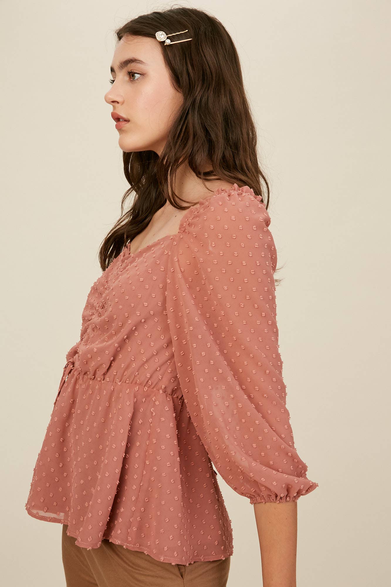 Swiss Dot Ruched Peplum Blouse
