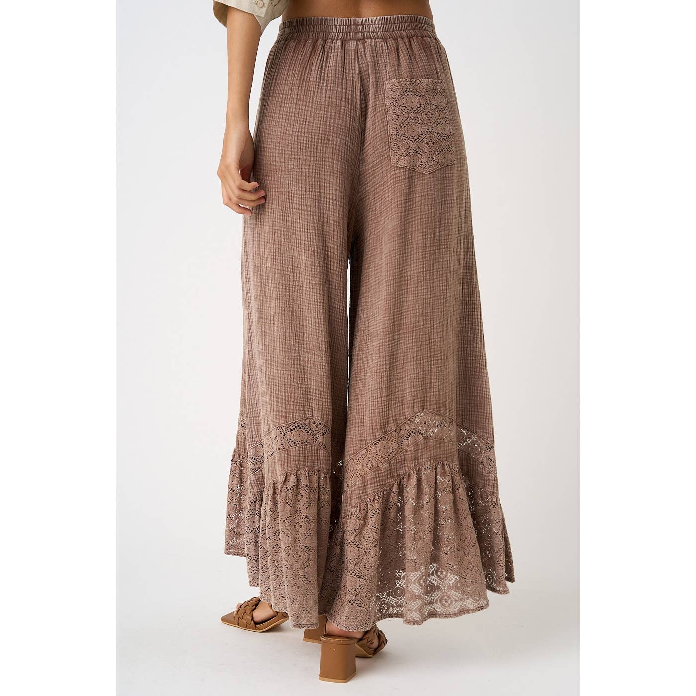 LACE RUFFLE HEM ELASTIC WAIST WIDE LEG PANTS