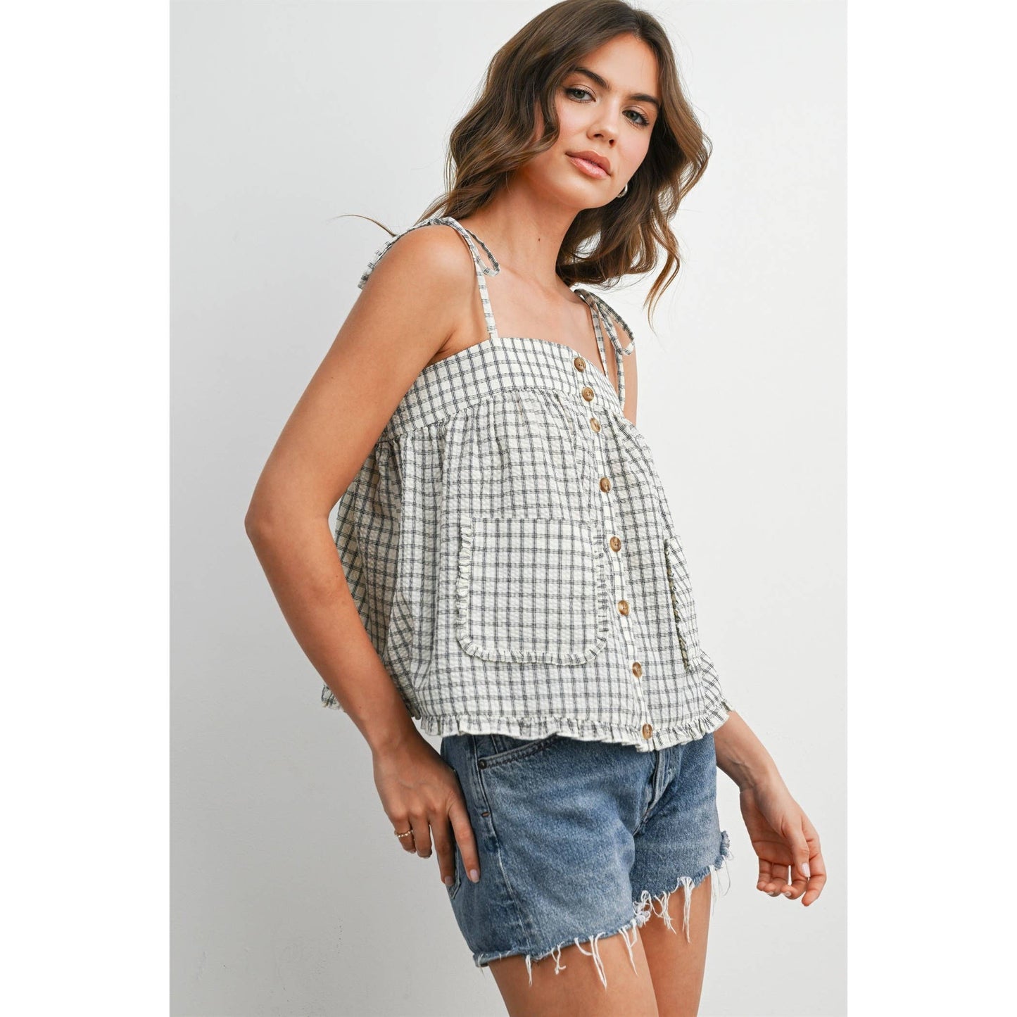Plaid Tie Shoulder Tank Top-BMT8424