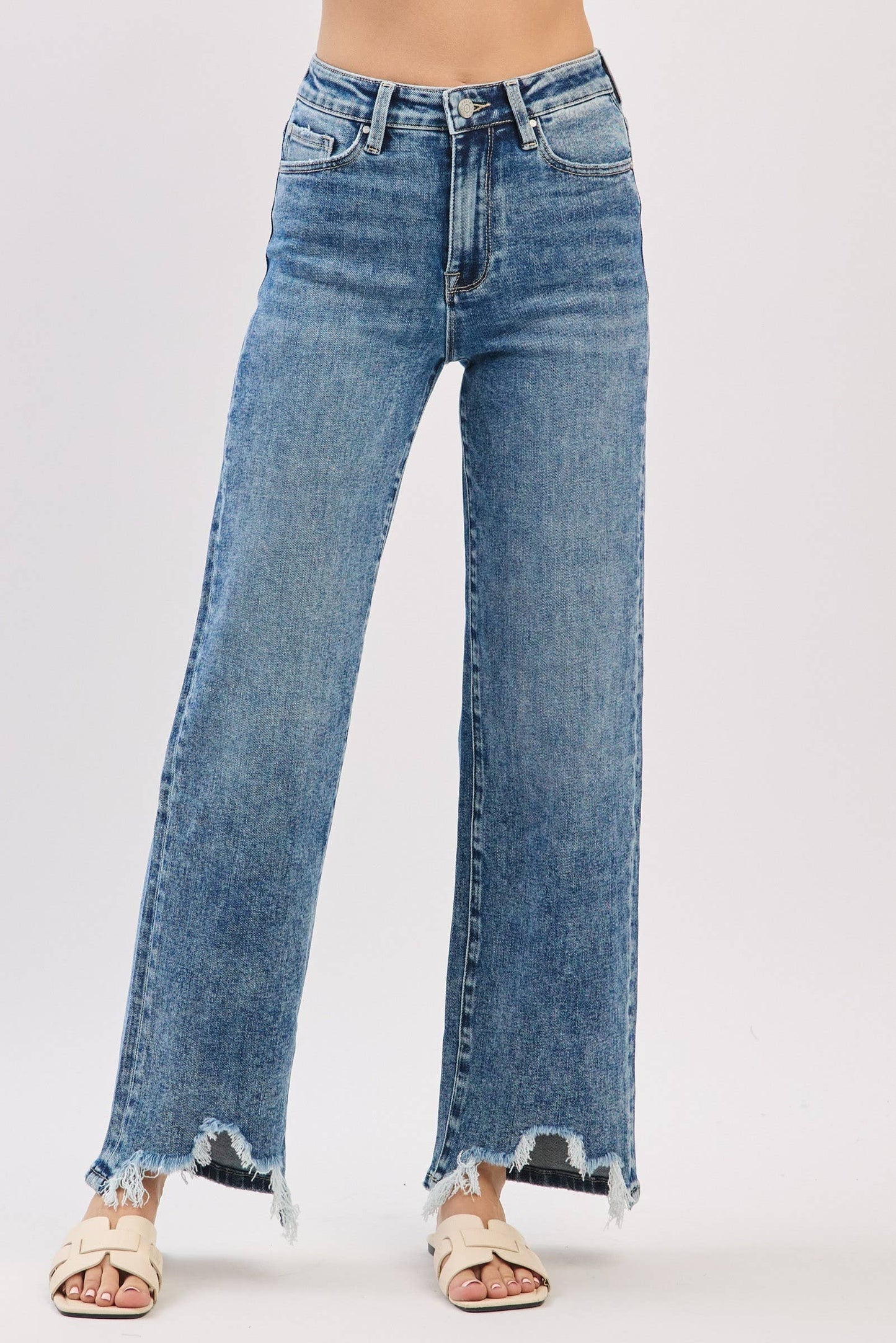 HIGH RISE SLIM WIDE LEG W/ DESTROYED HEM JEANS