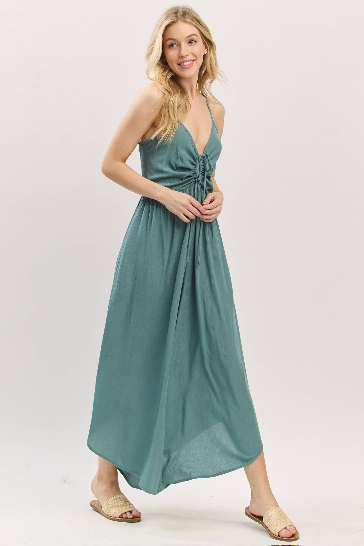 Woven Solid Front Ruched Midi Jumpsuit - VNJU60322