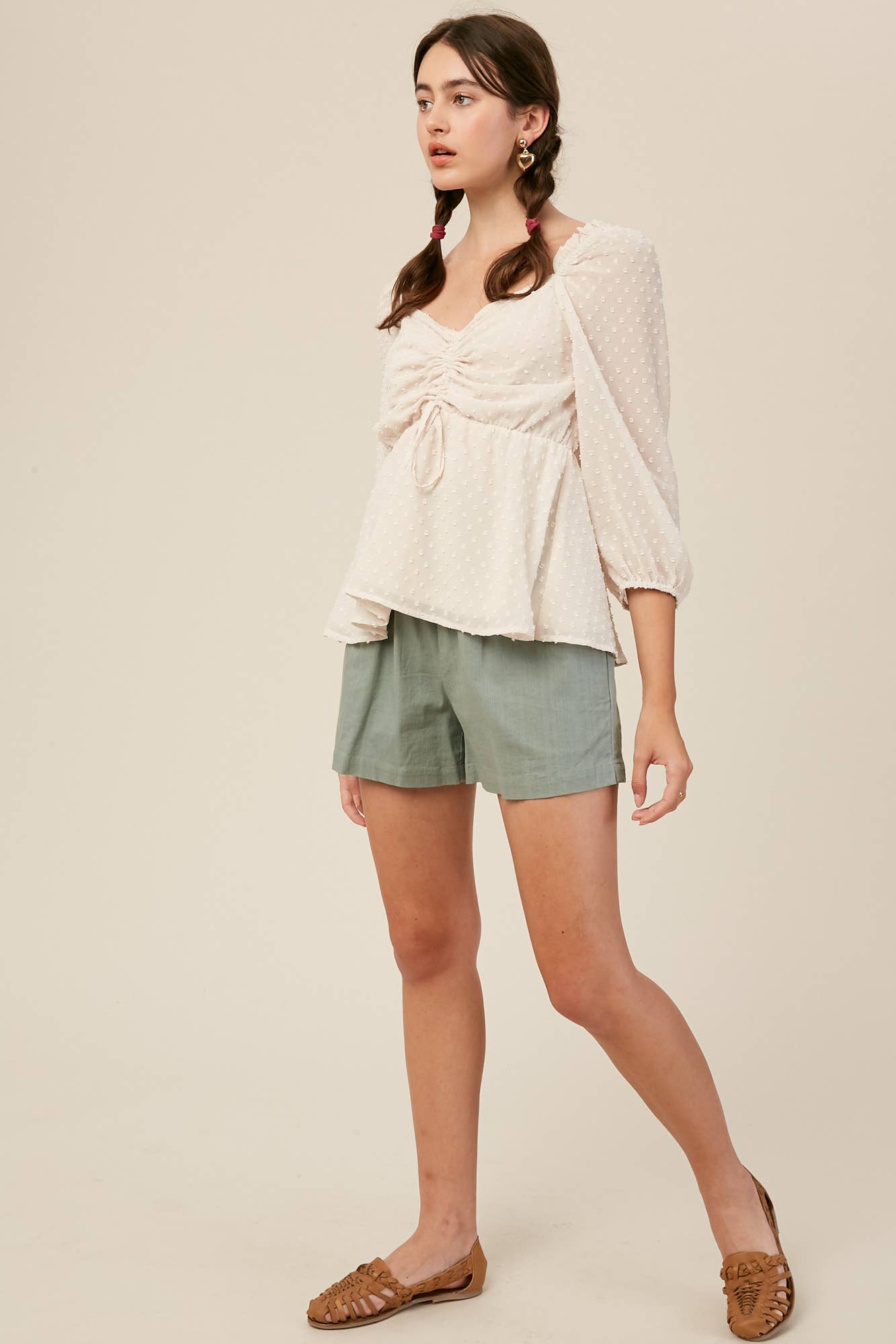 Swiss Dot Ruched Peplum Blouse