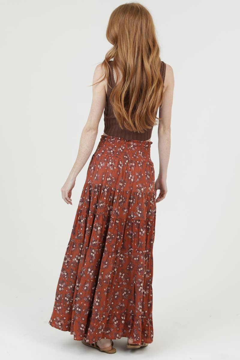 SMOCKED WAIST TIERED MAXI SKIRT