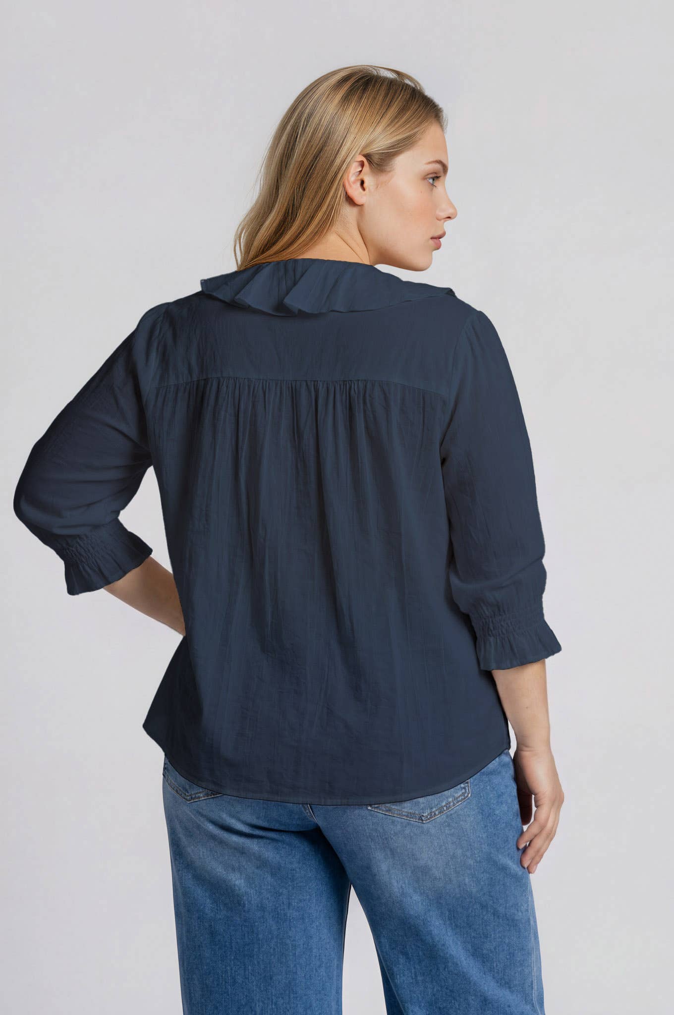 PLUS RUFFLED V NECK BUTTON DOWN