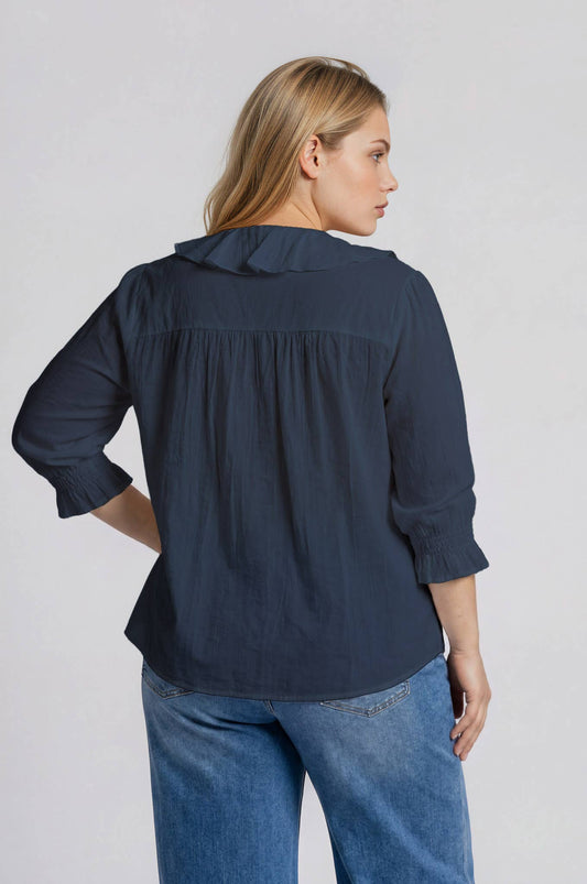 PLUS RUFFLED V NECK BUTTON DOWN