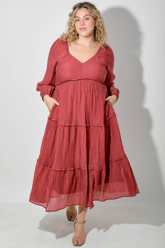 V NECK LONG SLEEVE MAXI DRESS