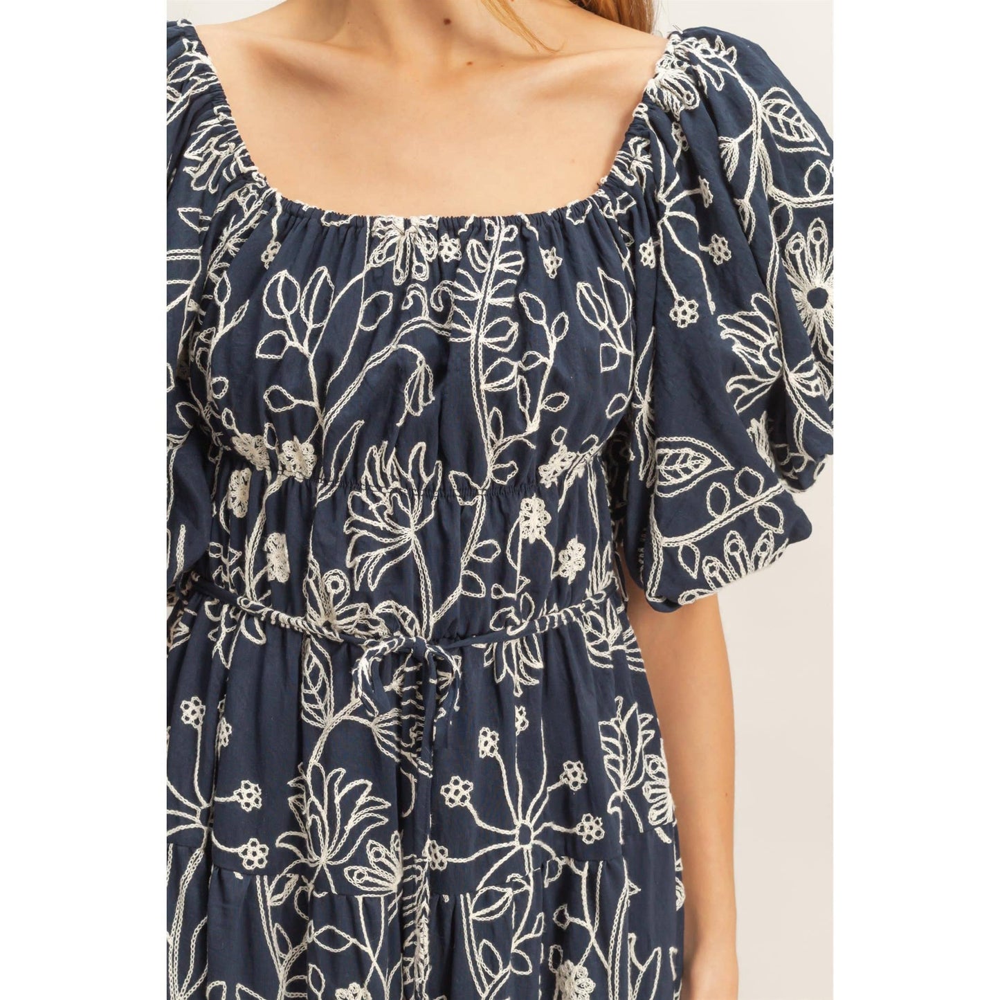 Floral Puff Sleeve Midi Dress: LIGHT BROWN / S-M-L(2-2-2)