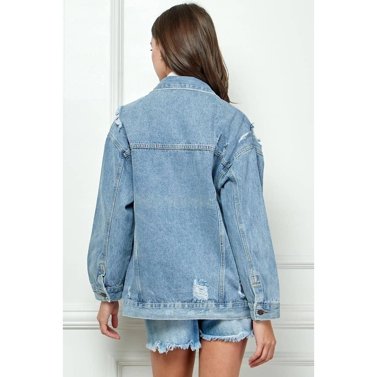Med Wash Distressed Classic Denim Jacket