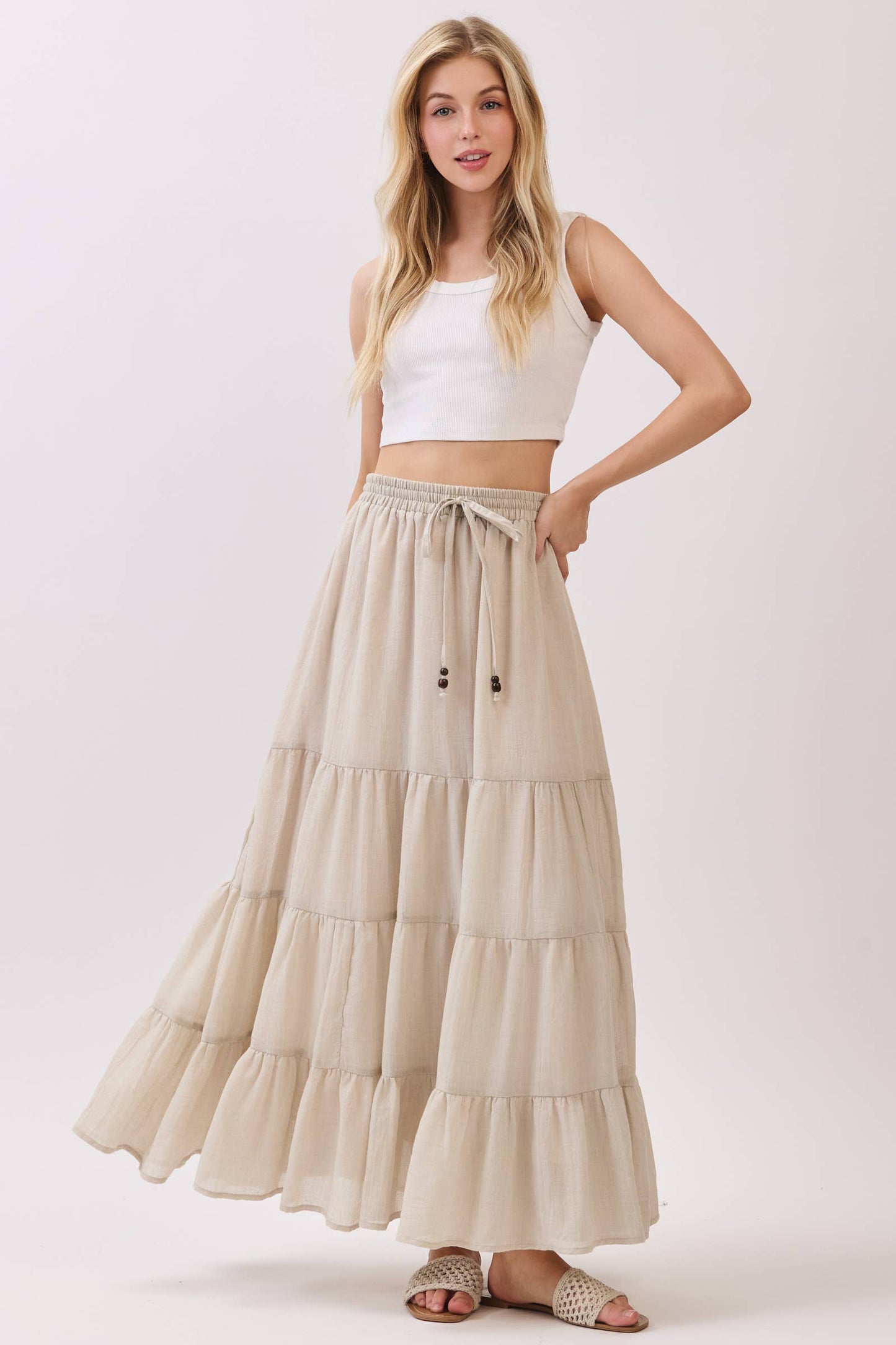 Tiered Coconut Tie Detail Maxi Skirt - VS3009
