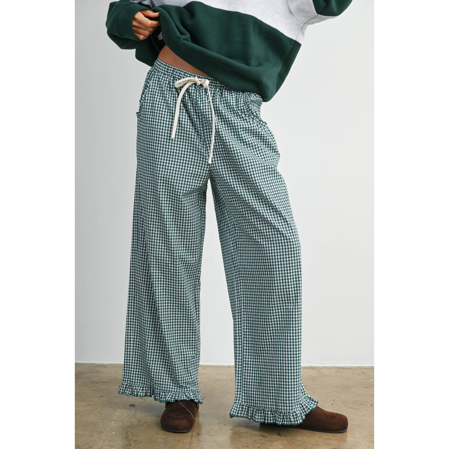 Women's Striped Ruffle Hem Cropped Pants- BMP8476