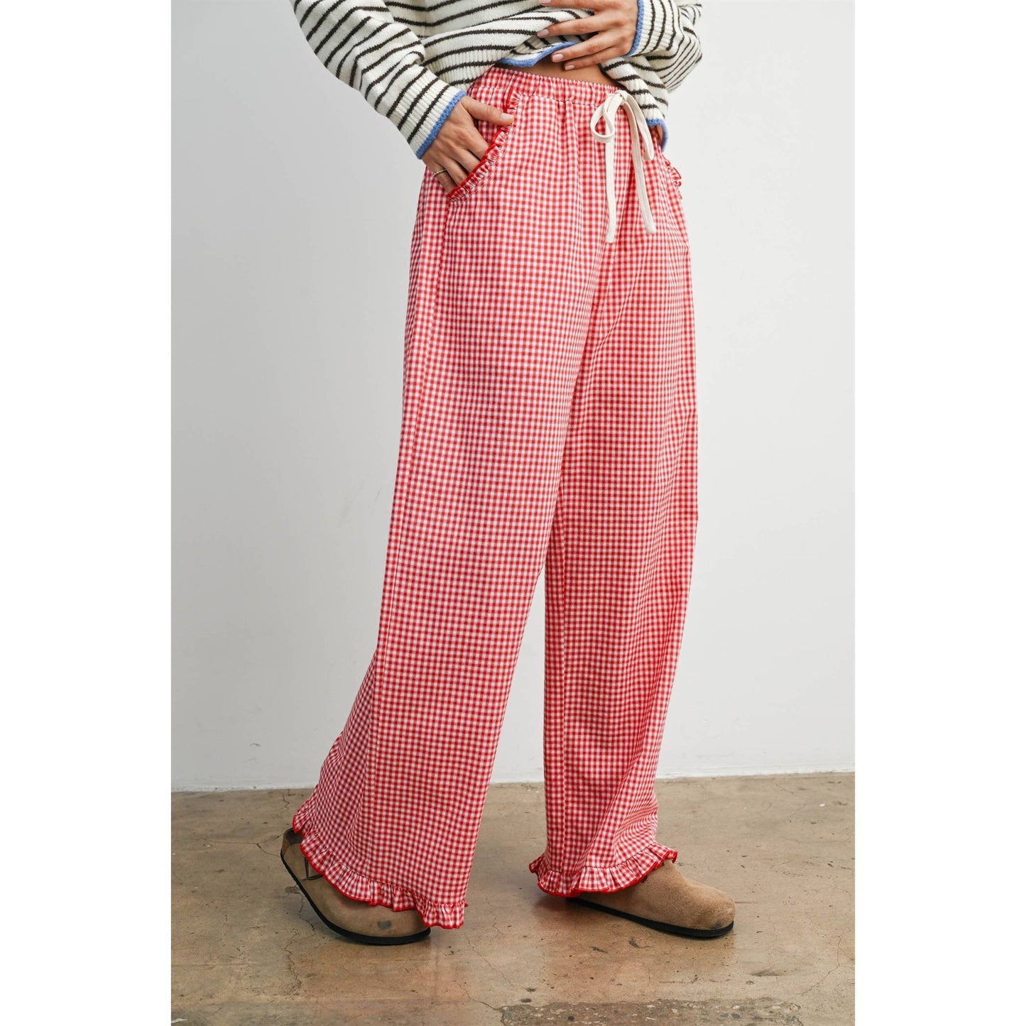 Women's Striped Ruffle Hem Cropped Pants- BMP8476