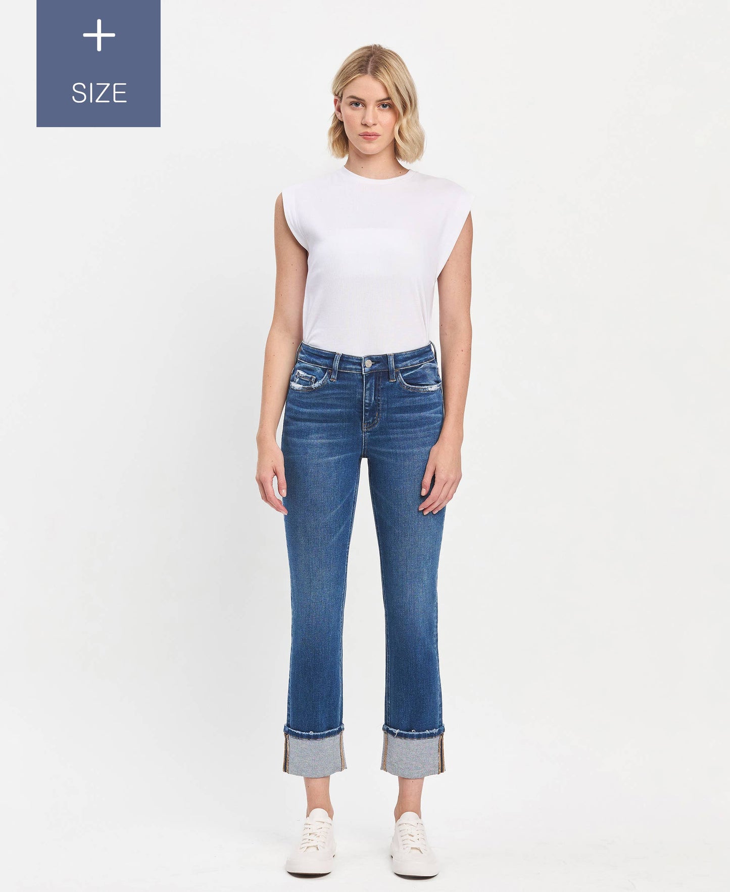 PLUS SIZE HIGH RISE CUFFED SLIM STRAIGHT JEANS