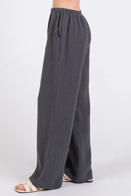 Gauze Waist Elastic Wide Leg Pants - NP70166B