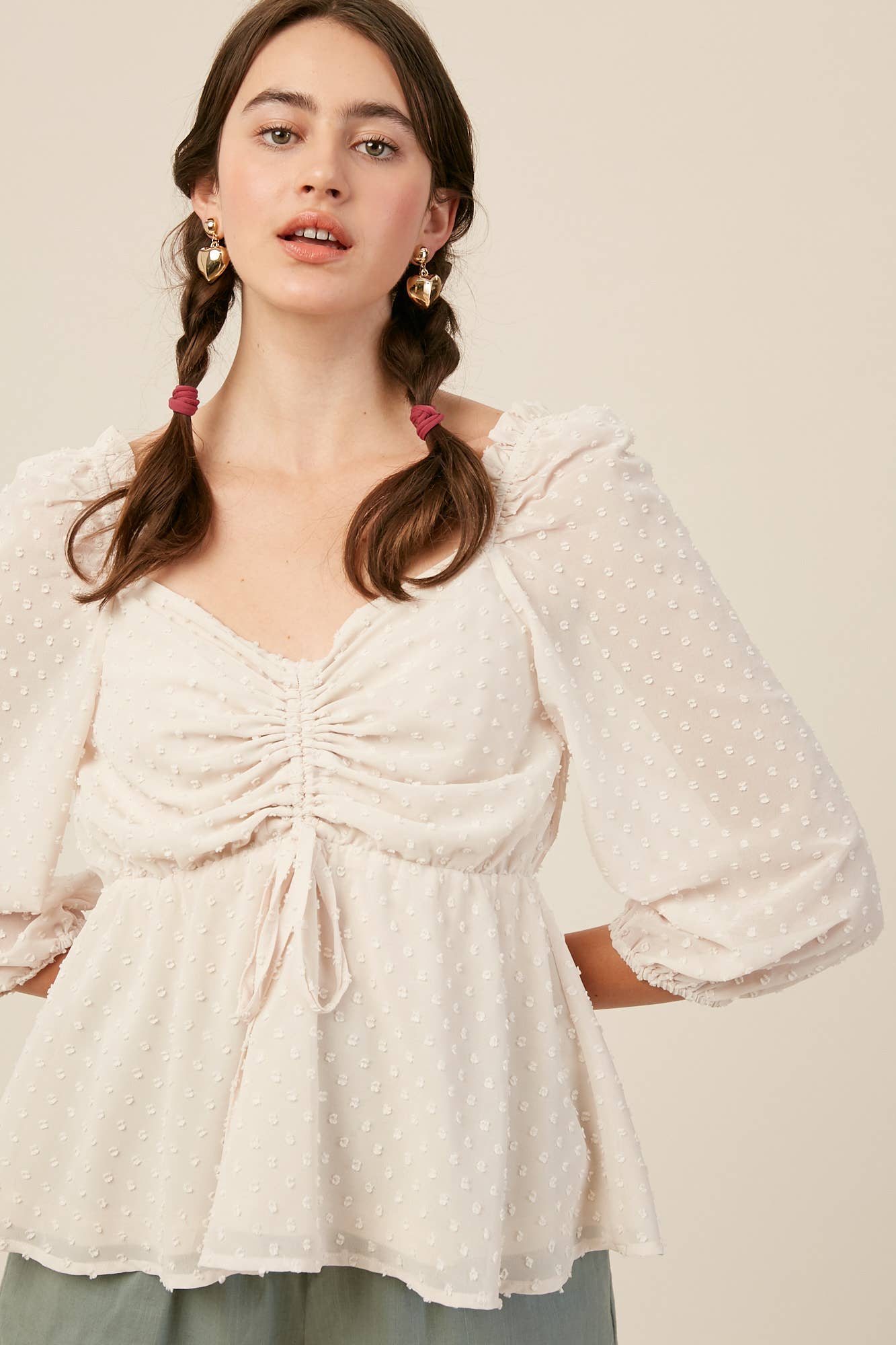Swiss Dot Ruched Peplum Blouse