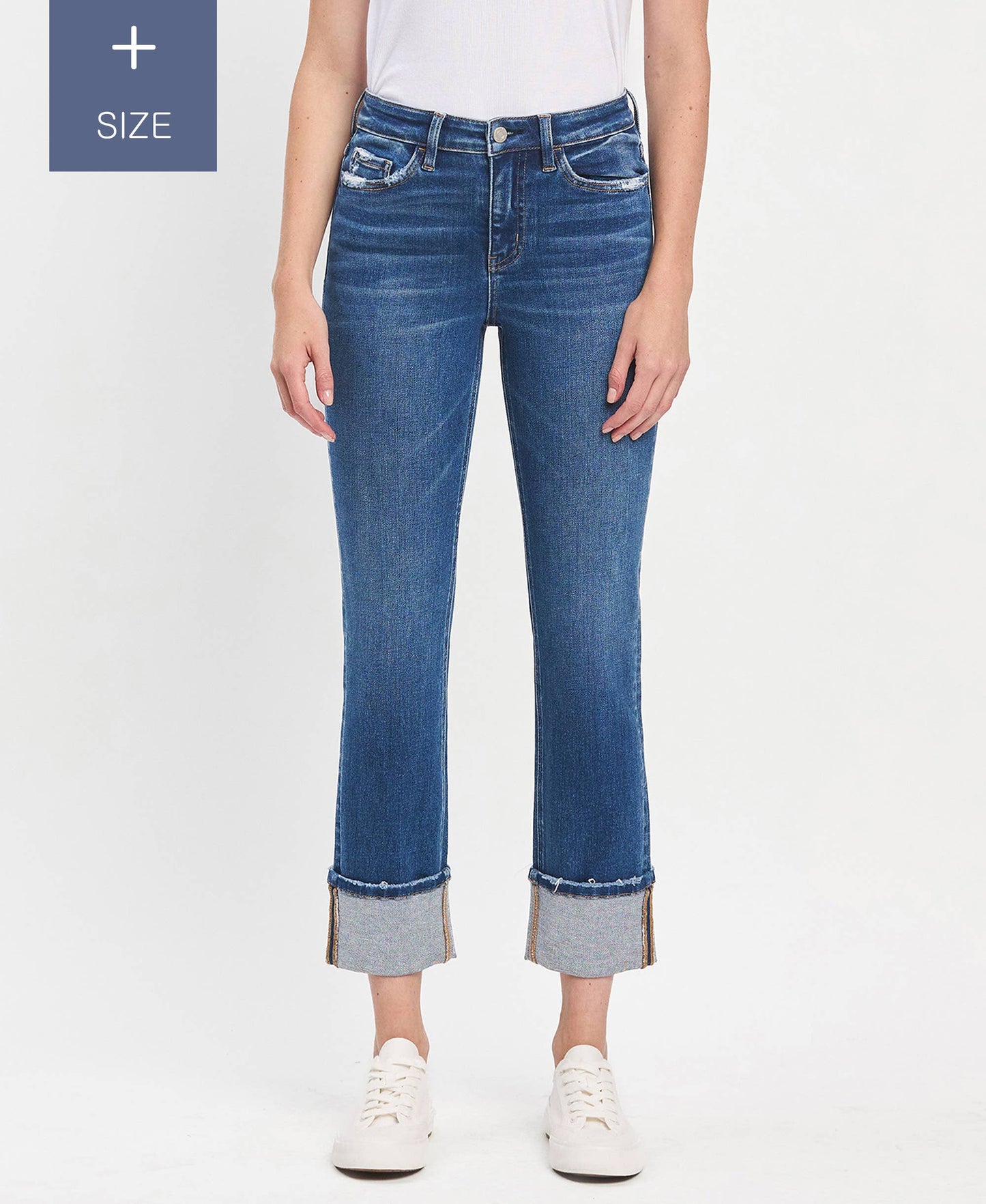 PLUS SIZE HIGH RISE CUFFED SLIM STRAIGHT JEANS