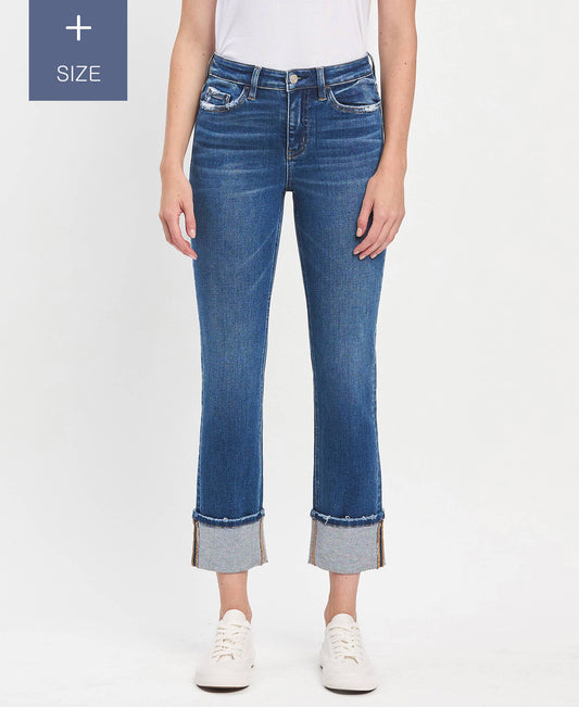 PLUS SIZE HIGH RISE CUFFED SLIM STRAIGHT JEANS