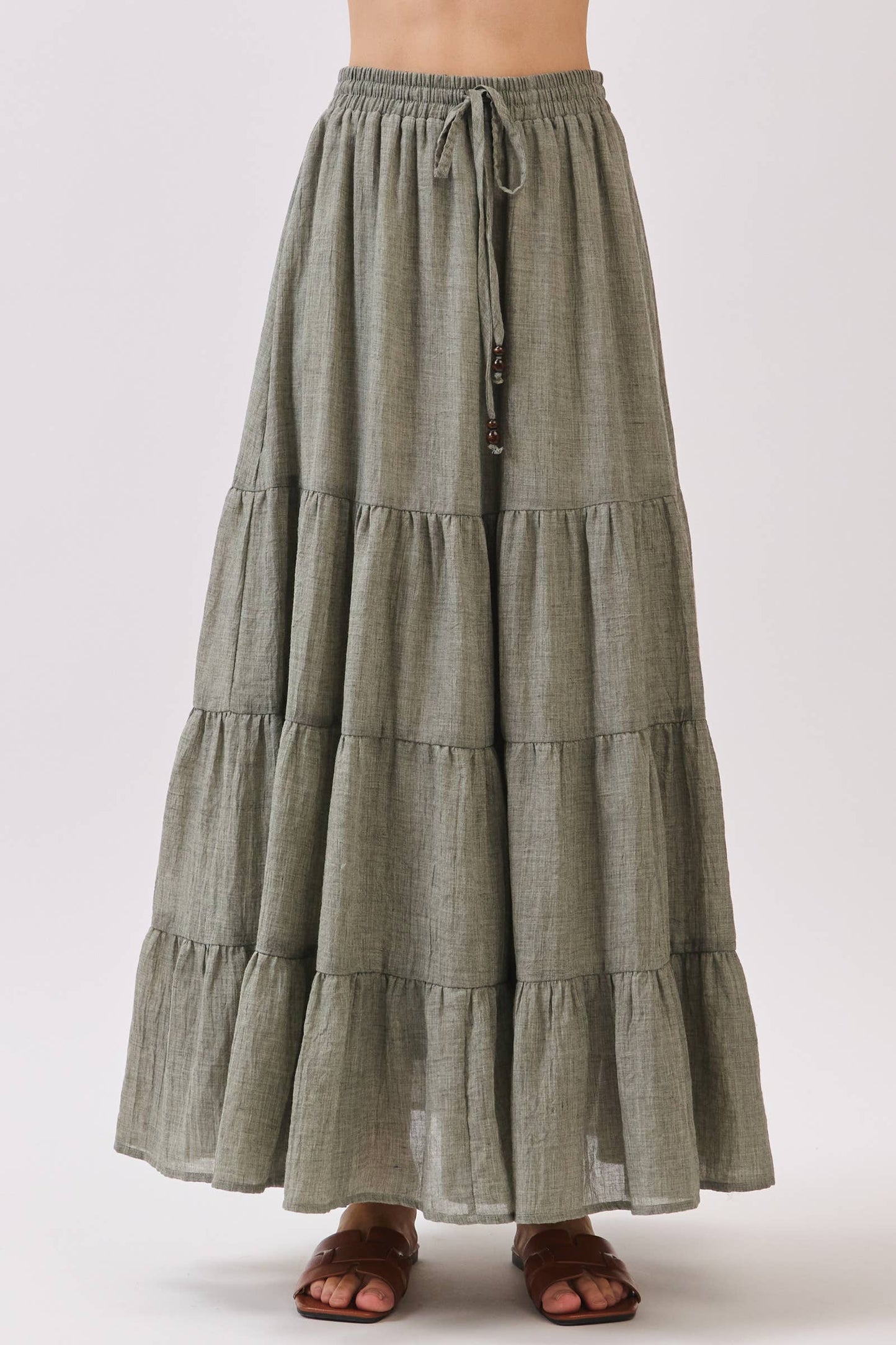 Tiered Coconut Tie Detail Maxi Skirt - VS3009