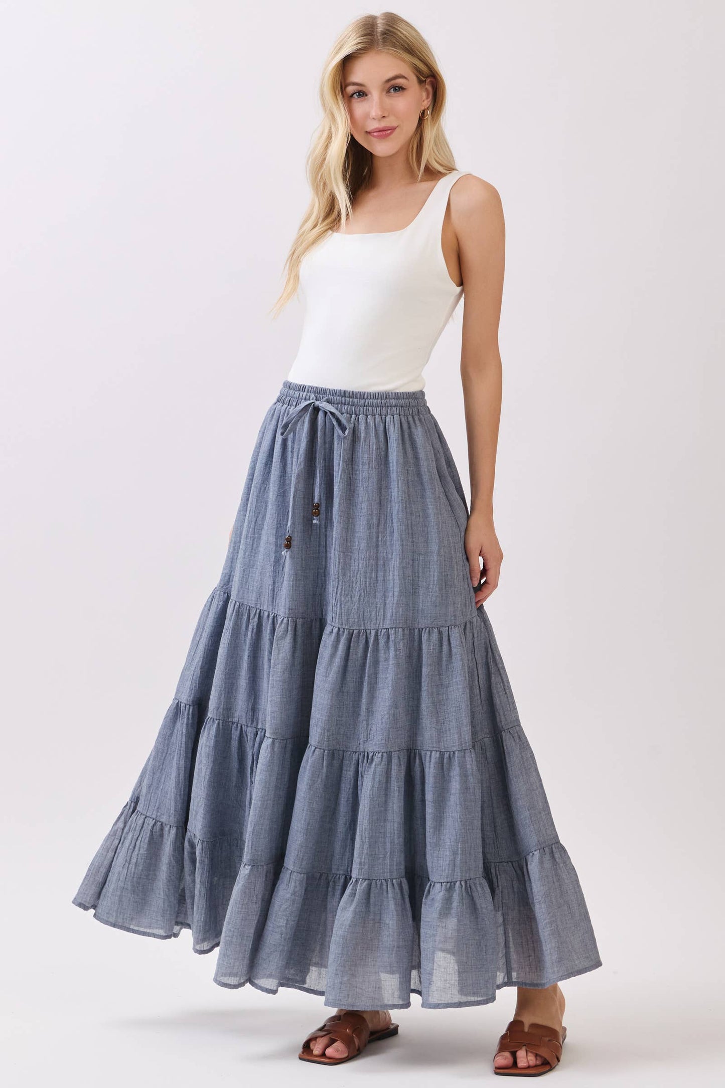 Tiered Coconut Tie Detail Maxi Skirt - VS3009