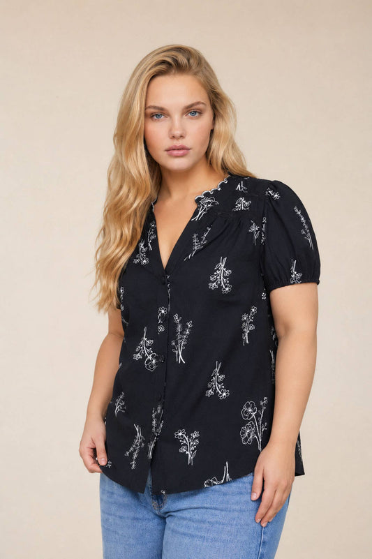 PLUS FLORAL LINE PRINT BUTTON DOWN