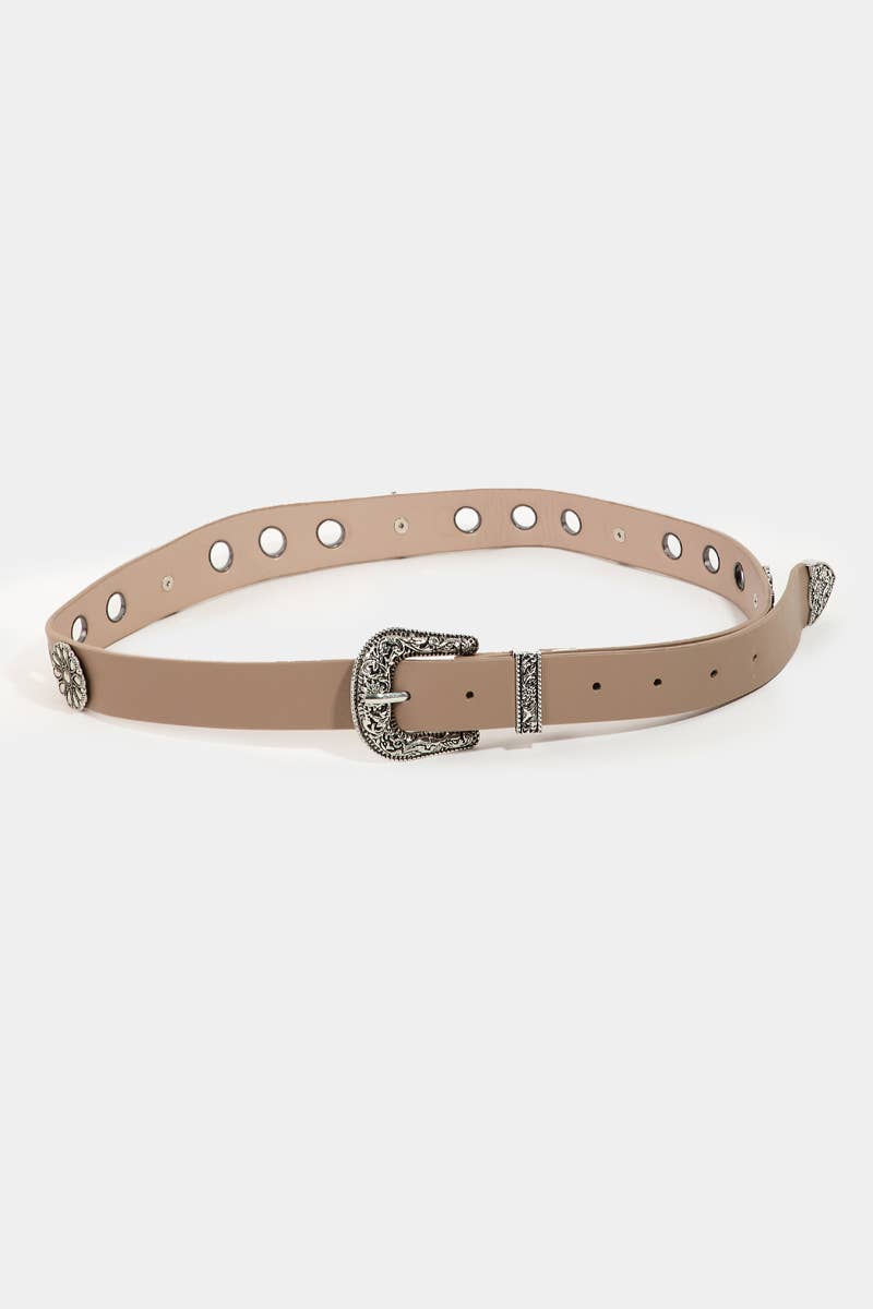 Western Etched Buckle Faux Leather Belt