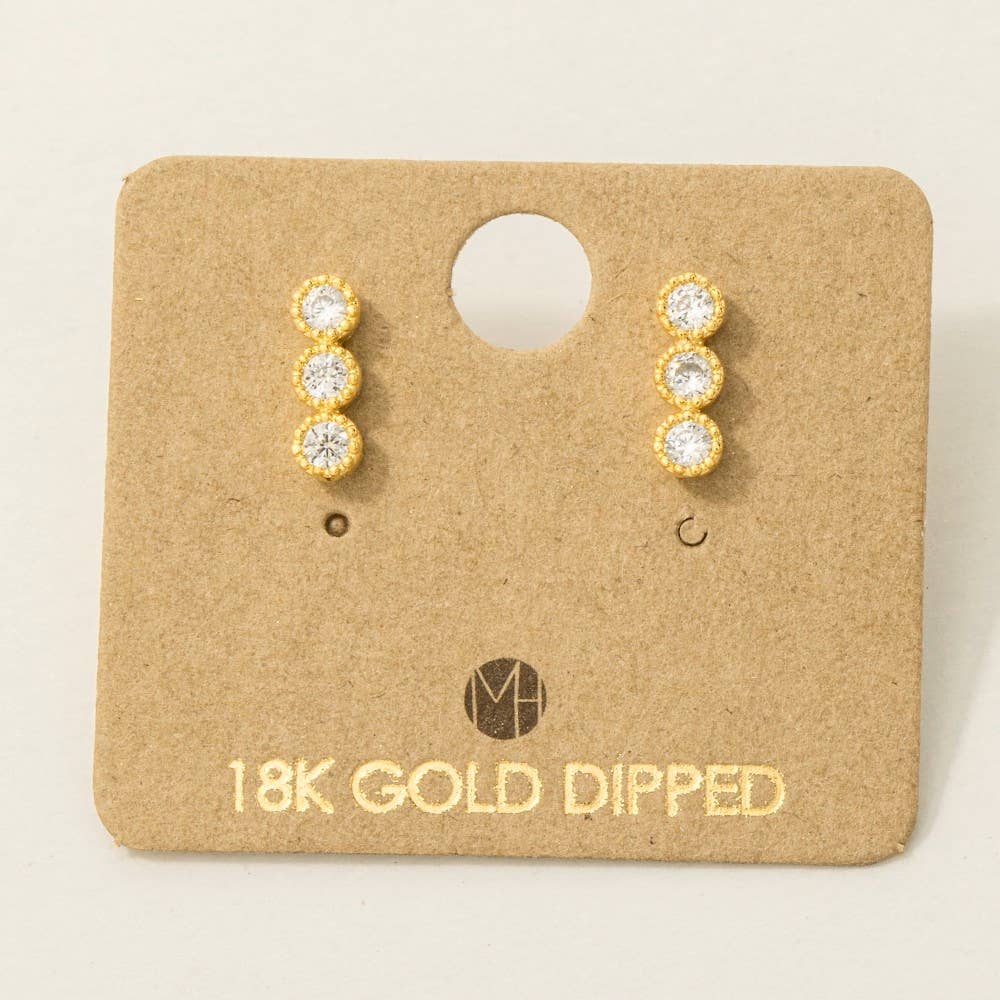 Gold Dipped Cz Triple Stud Bar Stud Earrings