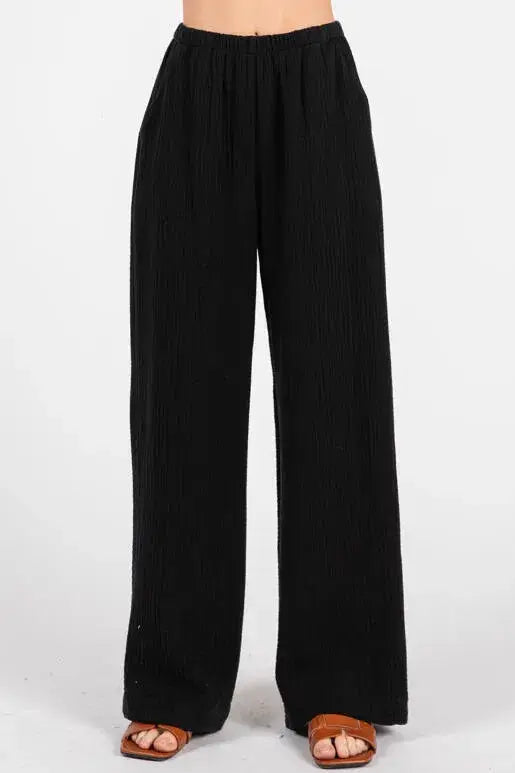 Gauze Waist Elastic Wide Leg Pants - NP70166B